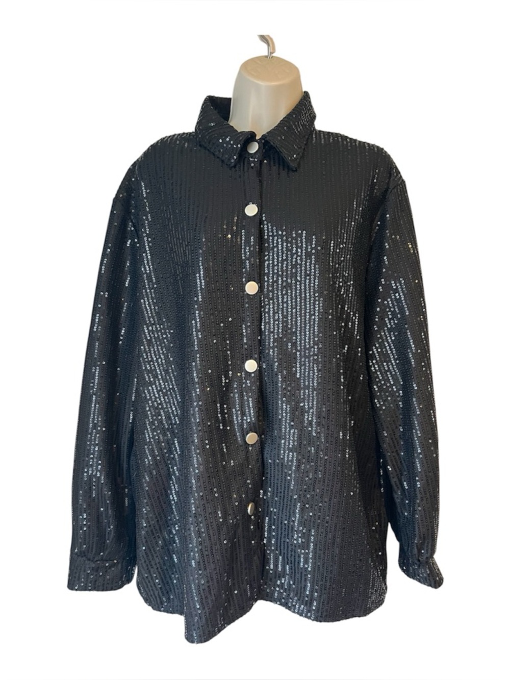 Woman's Large Black Sequin Button Down Shirt Jacket Long Sleeve Sparkle Party